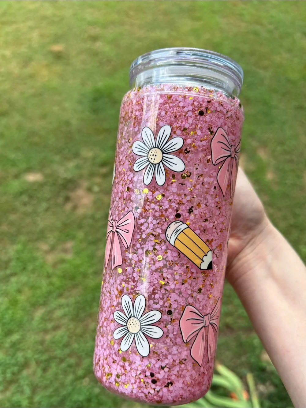 20 oz Pink Coquette Teacher Snow Globe Tumbler Glitter Cup with Handle & Straw